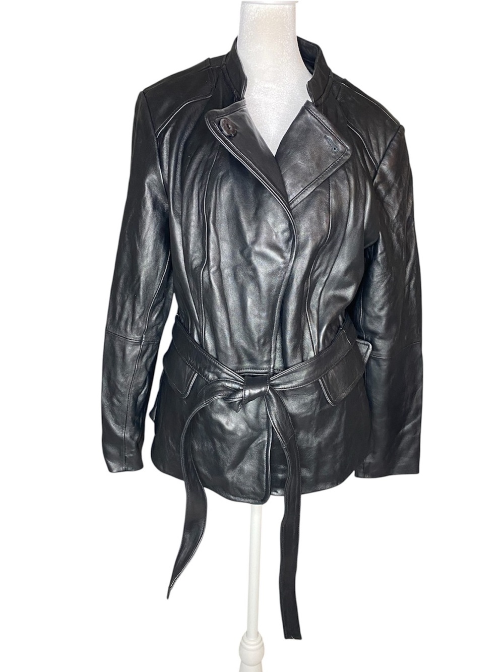 Isaac Mizrahi Live Classic Black 100% Leather Wrap Front Belted Jacket - Size L